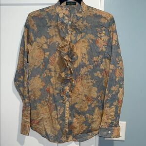 Ralph Lauren Floral Ruffle Button-Down Shirt in Blue & Tan